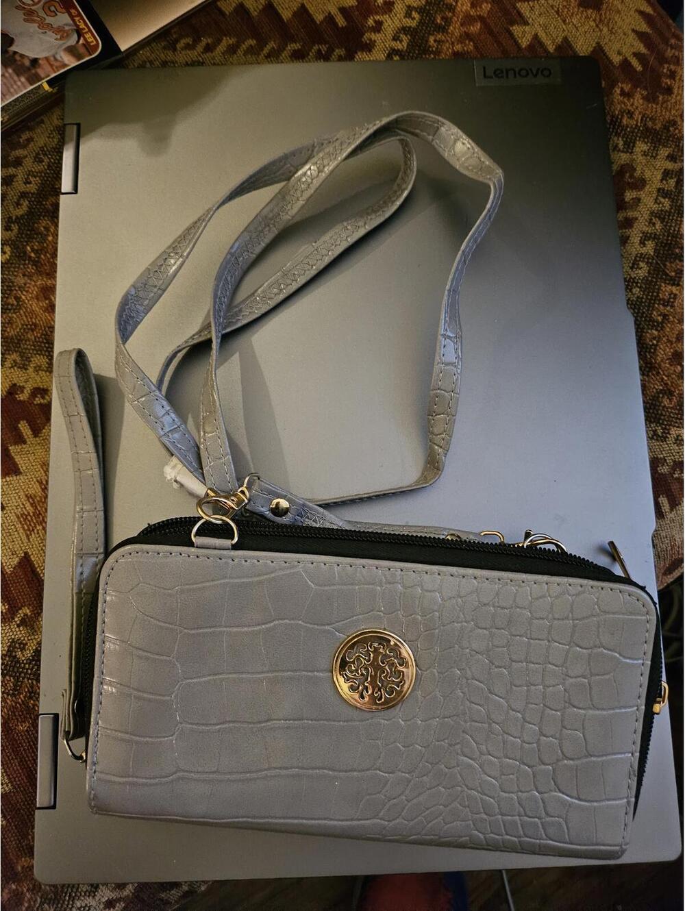 Sasha Purse Women's Handbag Gray Crossbody Gold Logo with Zip EUC